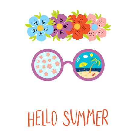 Hand drawn vector illustration of flower chain, sunglasses with cherry blossoms, beach scene reflection, text Hello Summer. Isolated objects on white background. Design concept for change of seasonsのイラスト素材