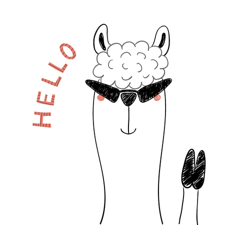 Hand drawn portrait of a cute funny llama in sunglasses, waving, with text Hello. Isolated objects on white background. Line drawing. Vector illustration. Design concept for children print.のイラスト素材