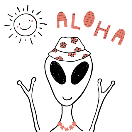 Hand drawn portrait of a cute funny alien in flower chain, bucket hat, under summer sun. Isolated objects on white background. Line drawing. Vector illustration. Design concept for children print.のイラスト素材