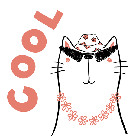 Hand drawn portrait of a cute funny cat in flower chain, bucket hat, sunglasses, with text.のイラスト素材