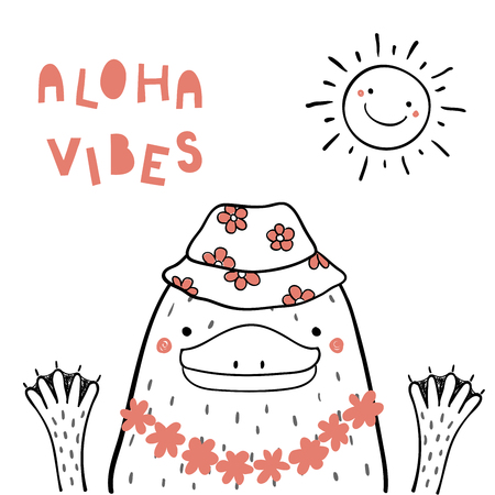 Hand drawn portrait of a cute funny sloth in flower chain, bucket hat, under summer sun - aloha vibesのイラスト素材