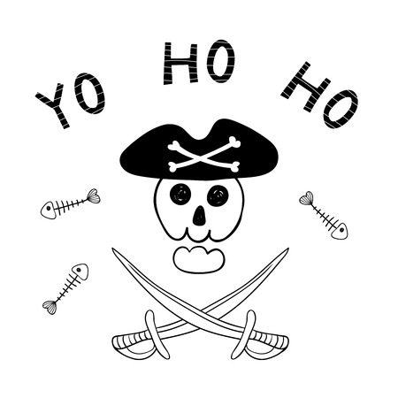 Hand drawn funny Jolly Roger, scull in pirate hat, cutlasses, fish bones, text Yo ho ho.のイラスト素材