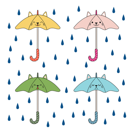 Hand drawn vector illustration of a kawaii funny umbrellas with cat ears, under the rian. Isolated objects on white background. Line drawing. Design concept for rainy season children print.のイラスト素材