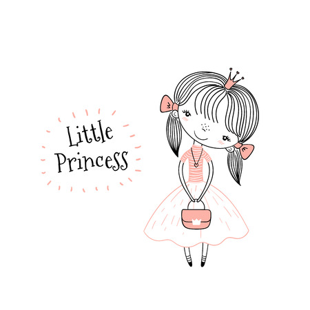 Hand drawn vector illustration of a cute little princess in a pink dress, with text. Isolated objects on white background. Line drawing. Unfilled outline. Design concept for children print.のイラスト素材