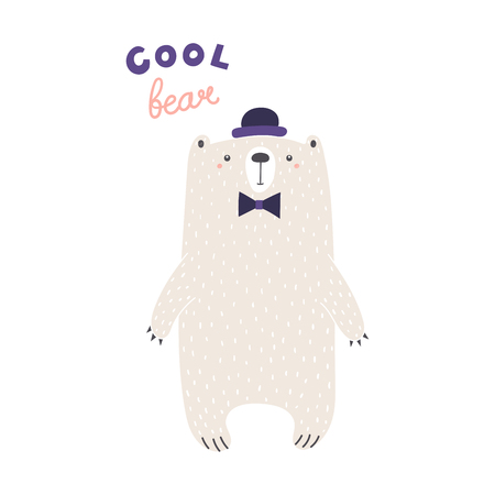 Hand drawn vector illustration of a cute funny bear in bowler hat, bow tie, with text Cool bear. Isolated objects on white background. Scandinavian style design. Concept for apparel, nursery print.のイラスト素材