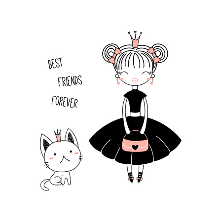 Hand drawn vector illustration of a cute little princess in a black dress and a kitten, with text.のイラスト素材