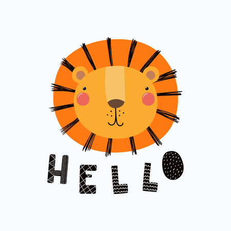 Hand drawn vector illustration of a cute funny lion face, with lettering quote Hello. Isolated objects.のイラスト素材