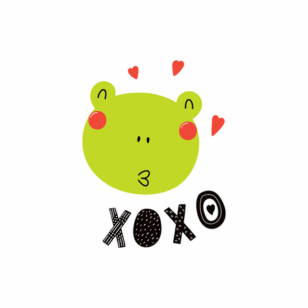 Hand drawn vector illustration of a cute funny frog face, with hearts, lettering quote XOXO. Isolated objects. Scandinavian style flat design. Concept for children print.のイラスト素材