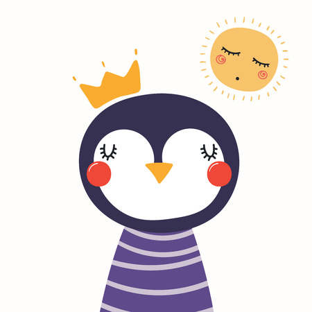 Hand drawn vector illustration of a cute funny penguin in a shirt and crown, with sun. Isolated objects, Scandinavian style flat design concept for children print.のイラスト素材