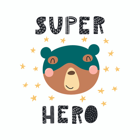 Hand drawn vector illustration of a cute funny bear in a mask, with lettering quote Super hero. Isolated objects.のイラスト素材