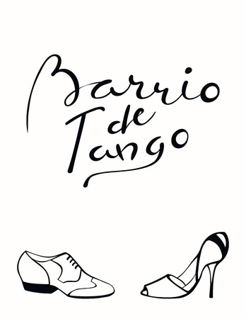 Hand written lettering quote Barrio de tango in Spanish, tr. Tango district, with dancing shoes. Isolated objects on white background.のイラスト素材