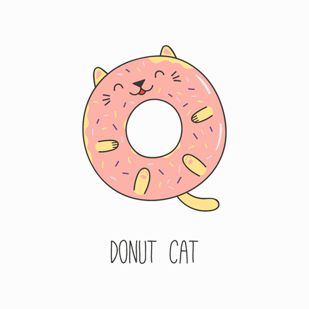 Hand drawn vector illustration of a kawaii funny donut with cat ears. Isolated objects on white background. Line drawing. Design concept for cat cafe menu, children print.のイラスト素材