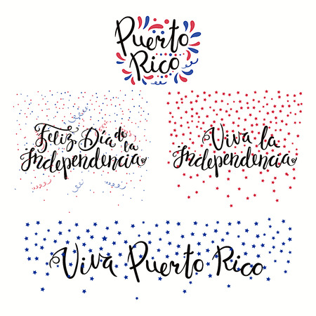 Set of hand written calligraphic Spanish lettering quotes for Puerto Rico Independence Day with stars, confetti, in flag colors. Isolated objects. Vector illustration. Design concept banner, card.のイラスト素材