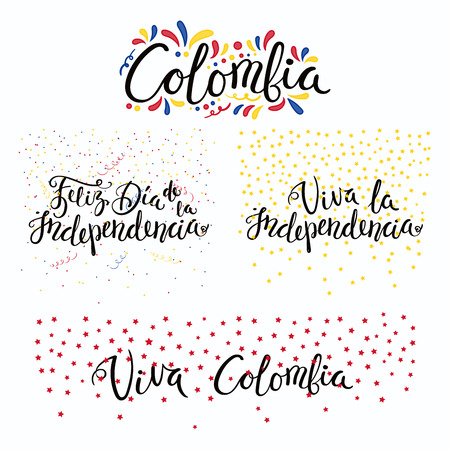 Set of hand written calligraphic Spanish lettering quotes for Colombia Independence Day with stars, confetti, in flag colors. Isolated objects. Vector illustration. Design concept banner, card.のイラスト素材