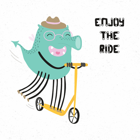Hand drawn vector illustration of a cute funny monster in a hat riding kick scooter, with quote Enjoy the ride. Isolated objects on white background. Concept for children print.のイラスト素材