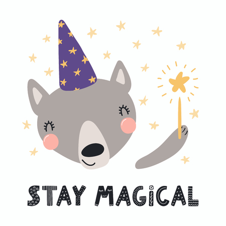 Hand drawn vector illustration of a cute funny wolf in a wizard hat, holding magic wand, with lettering quote Stay magical. Isolated objects. Scandinavian style flat design. Concept for children printのイラスト素材