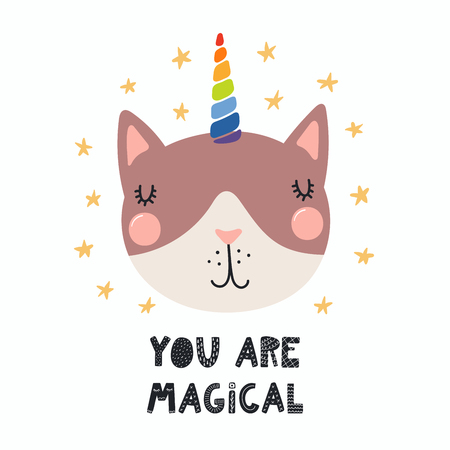 Hand drawn vector illustration of a cute funny cat with a unicorn horn, lettering quote You are magical. Isolated objects. Scandinavian style flat design. Concept for children print.のイラスト素材