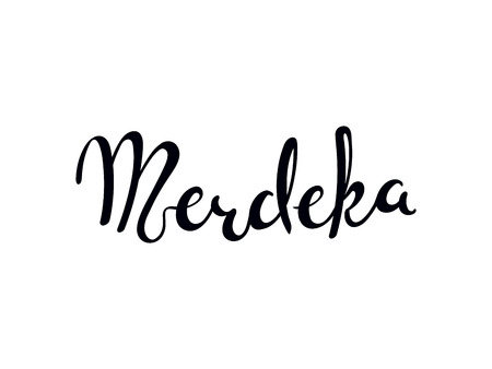 Hand written calligraphic lettering quote Merdeka meaning independence in Malay, Indonesian. Isolated objects on white background. Vector illustration. Design concept for banner, greeting card.のイラスト素材