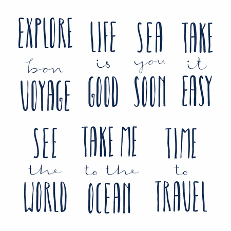 Set of hand written calligraphic lettering quotes about summer holidays. Isolated objects. Vector illustration. Concept for children print, vacations, summertime, travelling.のイラスト素材