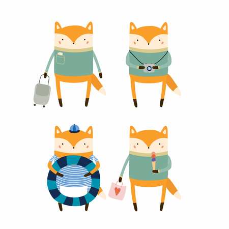 Hand drawn vector illustration of cute funny fox on summer holidays. Isolated objects. Scandinavian style flat design. Concept for children print.のイラスト素材
