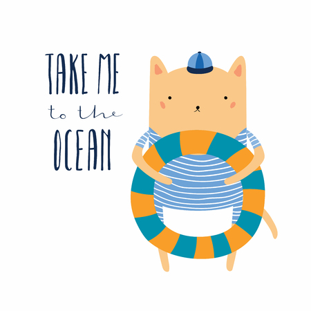Hand drawn vector illustration of a cute funny cat with pool float, lettering quote Take me to the ocean. Isolated objects. Scandinavian style flat design. Concept for children print, summer holidays.のイラスト素材