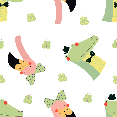 Hand drawn seamless vector pattern with cute flamingo and crocodile faces, on a white background. Scandinavian style flat design. Concept for children, textile print, wallpaper, wrapping paper.のイラスト素材