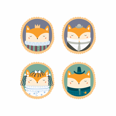 Set of hand drawn cute funny portraits in frames of foxes, king, sheriff, Victorian gentleman, lady. Vector illustration. Isolated objects. Scandinavian style flat design. Concept for children print.のイラスト素材
