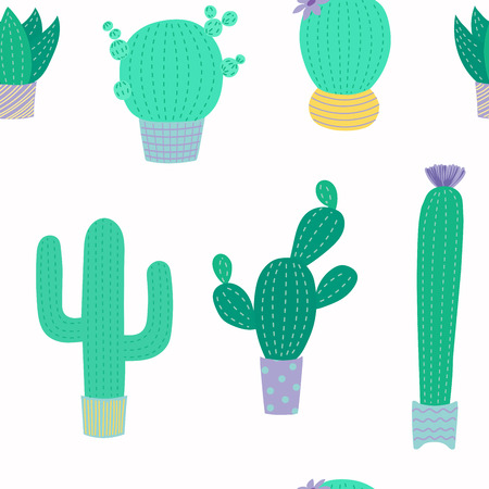 Hand drawn seamless vector pattern with cute different cacti in flower pots, on a white background....