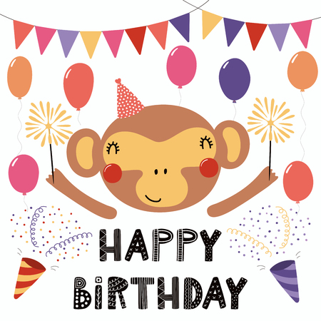 Hand drawn birthday card with cute funny monkey in a party hat, bunting, poppers, balloons, sparklers, quote. Isolated objects. Scandinavian style flat design. Vector illustration. Concept kids print.のイラスト素材
