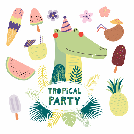 Hand drawn vector illustration of a cute funny crocodile in a party hat, with fruit, ice cream, cocktails, quote Tropical party. Isolated objects. Scandinavian style flat design. Concept invitation.のイラスト素材