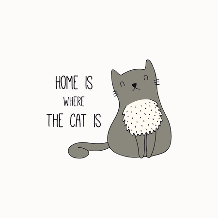 Hand drawn vector illustration of a cute funny cat with fluffy, chest, with quote Home is where the cat is. Isolated objects on white background. Line drawing. Design concept for poster, t-shirt printのイラスト素材