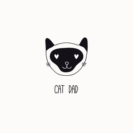 Hand drawn black and white vector illustration of a cute funny cat face, with quote Cat dad. Isolated objects. Line drawing. Design concept for poster, t-shirt print.のイラスト素材