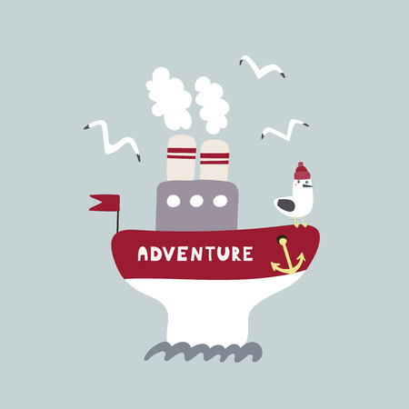 Hand drawn vector illustration of a cute funny ship named Adventure, sailing, with a seagull. Isolated objects on white background. Scandinavian style flat design. Concept for kids, nursery print.のイラスト素材