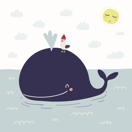 Hand drawn vector illustration of a cute funny whale swimming in the sea, seagull, sun, clouds. Scandinavian style flat design. Concept for kids, nursery print.のイラスト素材