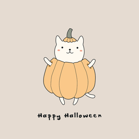 Hand drawn vector illustration of a kawaii funny cat in a pumpkin, with text Happy Halloween. Isolated objects. Line drawing. Design concept for print, card, party invitation.のイラスト素材