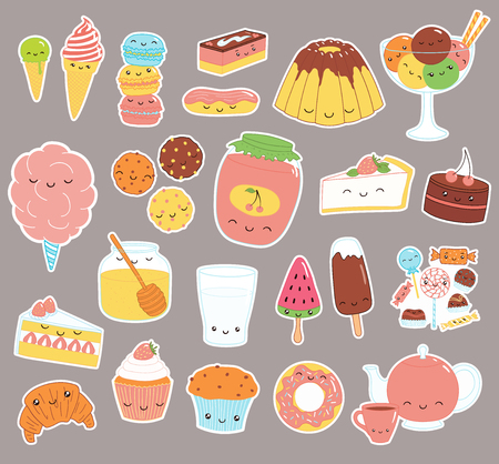 Set of kawaii funny sweet food doodle stickers with cake, cookies, ice cream, candy, jam, macarons. Isolated objects. Hand drawn vector illustration. Line drawing. Design concept dessert, kids print.のイラスト素材