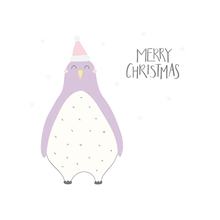 Hand drawn vector illustration of a cute funny penguin in a Santa hat, with lettering quote Merry Christmas. Isolated objects on white background. Flat style design. Concept for Christmas card, inviteのイラスト素材