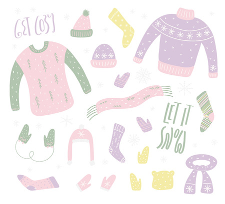 Big set of cute winter clothes, with lettering quotes Let it snow, Get cozy. Isolated objects on white background. Hand drawn vector illustration. Flat style design. Concept for Christmas card, inviteのイラスト素材