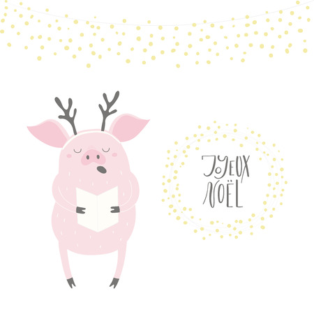 Hand drawn vector illustration of a cute funny singing pig, with quote Joyeux Noel, Merry Christmas in French. Isolated objects on white background. Flat style design. Concept Christmas card, invite.のイラスト素材
