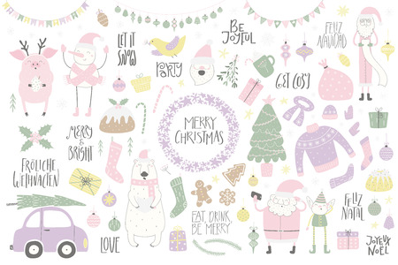 Big Christmas set with funny characters polar bear, pig, Santa, elf, snowman, tree, food, quotes. Isolated objects on white. Hand drawn vector illustration. Flat style design. Concept for card, inviteのイラスト素材