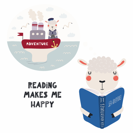 Hand drawn vector illustration of a cute funny sheep reading a book, with quote Reading makes me happy. Isolated objects on white background. Scandinavian style flat design. Concept for children printのイラスト素材