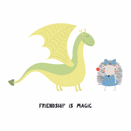 Hand drawn vector illustration of a cute funny dragon and hedgehog, with quote Friendship is magic. Isolated objects on white background. Scandinavian style flat design. Concept for children print.のイラスト素材