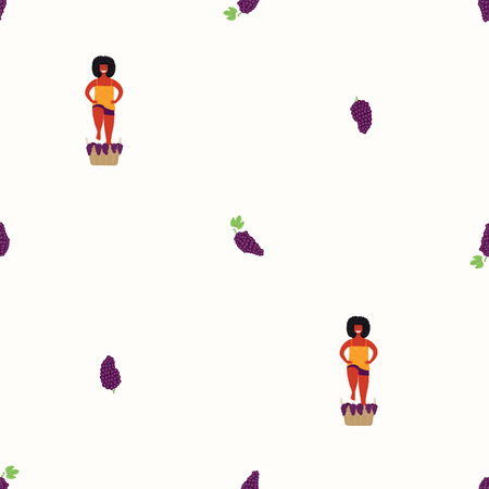 Seamless repeat pattern with cute beautiful woman stomping grapes. Hand drawn vector illustration. Flat style design. Concept for autumn harvest, textile print, wallpaper, wrapping paper.のイラスト素材