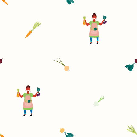 Seamless repeat pattern with cute beautiful woman picking beets and carrots. Hand drawn vector illustration. Flat style design. Concept for autumn harvest, textile print, wallpaper, wrapping paper.のイラスト素材
