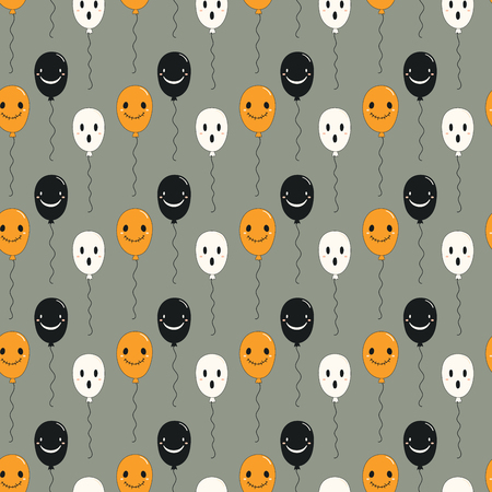 Seamless repeat pattern with kawaii balloons with faces on gray. Hand drawn vector illustration. Line drawing. Design concept for Halloween party, textile print, wallpaper, wrapping paper.のイラスト素材