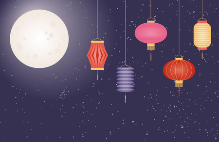 Mid autumn festival greeting card, poster, banner, background design with full moon, lanterns. Flat style vector illustration. Festive elements for holiday celebration.のイラスト素材
