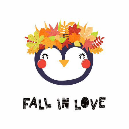 Hand drawn vector illustration of a cute penguin in a crown of autumn leaves, with quote Fall in love. Isolated objects on white. Scandinavian style flat design. Concept for children print.のイラスト素材
