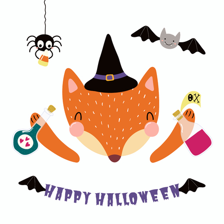 Hand drawn vector illustration of a cute funny fox in a witch costume, with spider, bat, text Happy Halloween. Isolated objects on white. Scandinavian style flat design. Concept for children print.のイラスト素材