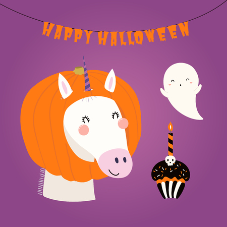 Hand drawn vector illustration of a cute funny unicorn in a pumpkin hat, with ghost, text Happy Halloween. Isolated objects. Scandinavian style flat design. Concept children print, party invitation.のイラスト素材