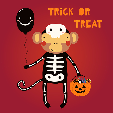 Hand drawn vector illustration of a cute funny monkey in a skeleton costume, with text Trick or treat. Isolated objects. Scandinavian style flat design. Concept for children print, party invitation.のイラスト素材